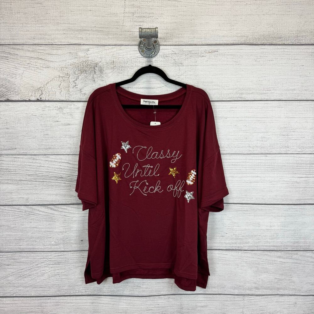 Impressions Plus Size Maroon "Classy Until Kickoff" Sequin Football Top Size 3X